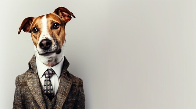 a Dog wearing a suit with a tie on a plain white background on the left side of the image and the right side blank for text,