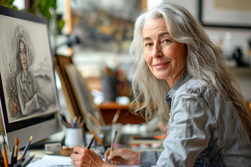 An elderly artist, studying online, smiles beside her self-portrait, challenging age biases