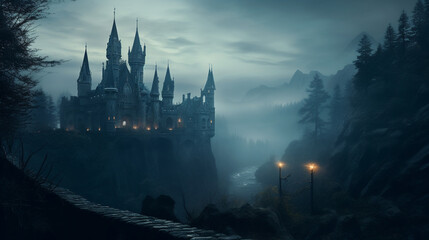 Haunted castles Fog envelops an ancient gothic castle, with twisted spires and dark windows that hide untold secrets