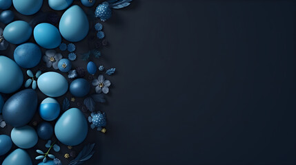 Flat lay frame with blue Easter eggs and paper flowers on dark background. Happy Easter concept banner with copy space. Top view design for spring  template, card, poster, ads.