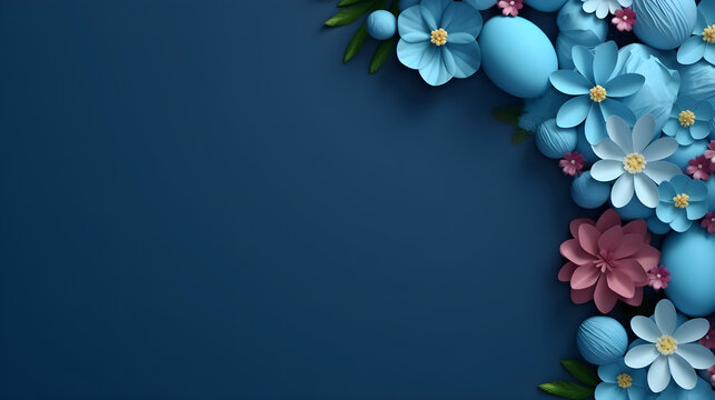 Flat lay frame with blue Easter eggs and paper flowers on navi background. Happy Easter concept banner with copy space. Top view design for spring  template, card, poster, ads.