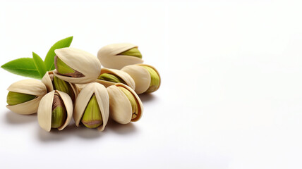 Natural pistachios in a hard beige shell with nuts inside on a white background