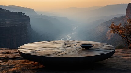 The product podium is made of stone. Located on a rocky ledge with mountains and forest covered in fog. Generative AI