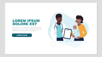 Vektor-Illustration eines männlichen Arztes mit einer jungen Mutter und ihrem neugeborenen Baby - Gesundheit Konzept