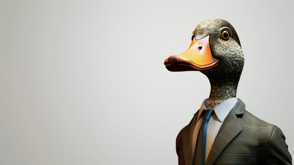a duck wearing a suit with a tie on a plain white background on the left side of the image and the right side blank for text,