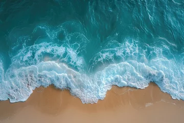 Fotobehang The calm of ocean waves on a deserted beach, turquoise sea and untouched sands aerial view of a peaceful, deserted beach with calm ocean waves gently breaking against sandy shores © khwanrudi