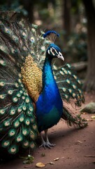 Fototapeta premium peacock with feathers out in park