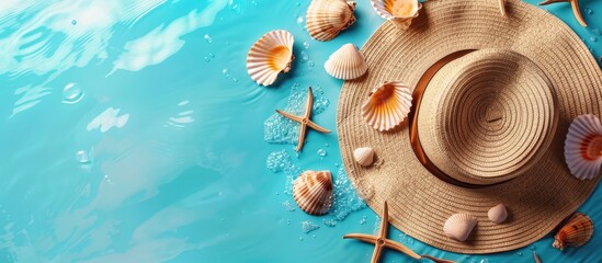 A straw hat, vibrant seashells, and a wooden frame are arranged neatly on a blue surface. The image conveys a summer vacation theme with its coastal elements.