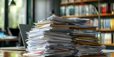 Employee overwhelmed at desk with pile of paperwork and laptop. Concept Overwhelmed Employee, Work Stress, Office Burnout, Desk Clutter, Stressful Work Environment