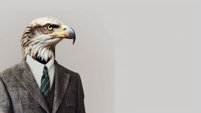 a eagle wearing a suit with a tie on a plain white background on the left side of the image and the right side blank for text