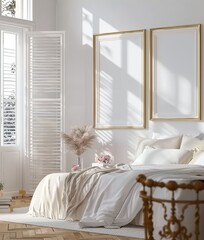 White Luxury Bedroom with Mockup Poster Frame - 3D Render. Made with Generative AI Technology