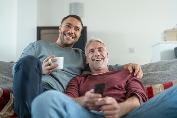 Smiling male couple watching TV at home