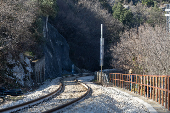 Raiano, Italy Train tracks in the Gole di san Venanzio canyon.