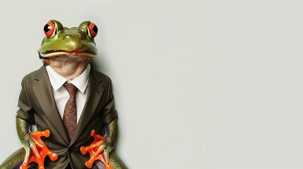 a frog wearing a suit with a tie on a plain white background on the left side of the image and the right side blank for text,