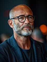 Obraz premium Serious Man With Beard and Glasses Looking at Camera