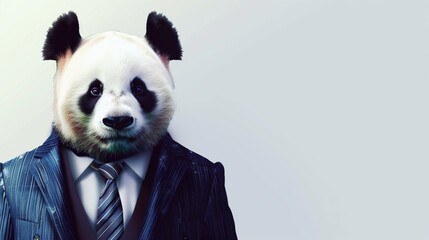 a giant panda wearing a suit with a tie on a plain white background on the left side of the image...