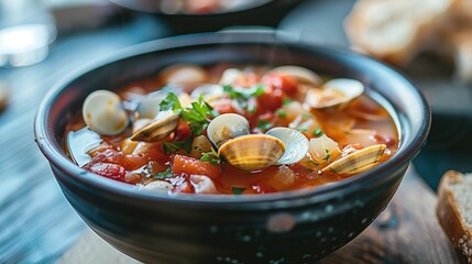 Close up bowl of tomato clam chowder with clams and bacon on table - obrazy, fototapety, plakaty