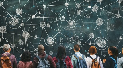 Gathering around the world of connections: diverse group engaged near blackboard presentation, networking concept