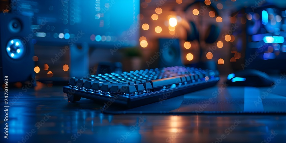 Aufkleber desk setup features computer keyboard and mouse perfect for techthemed content. concept tech setup, 