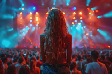Naklejka premium Capturing Happiness: Girls Revel in the Cinematic Splendor of a Colorful Concert Scene, Embracing the Joy of Life