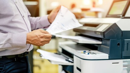 Man in office with printer. Printing excellence achieved by the skilled office man.