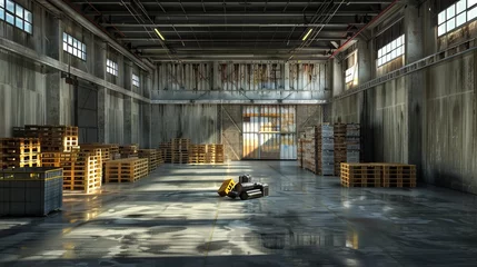 Cercles muraux Vieux bâtiments abandonnés Warehouse interior with stacked pallets: industrial storage facility with rows of goods, logistics concept