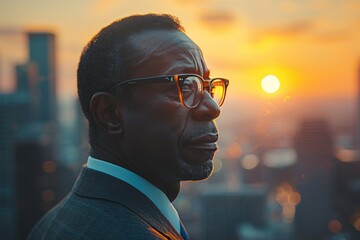 Businessman in Suit and Glasses Gazing Across the Horizon