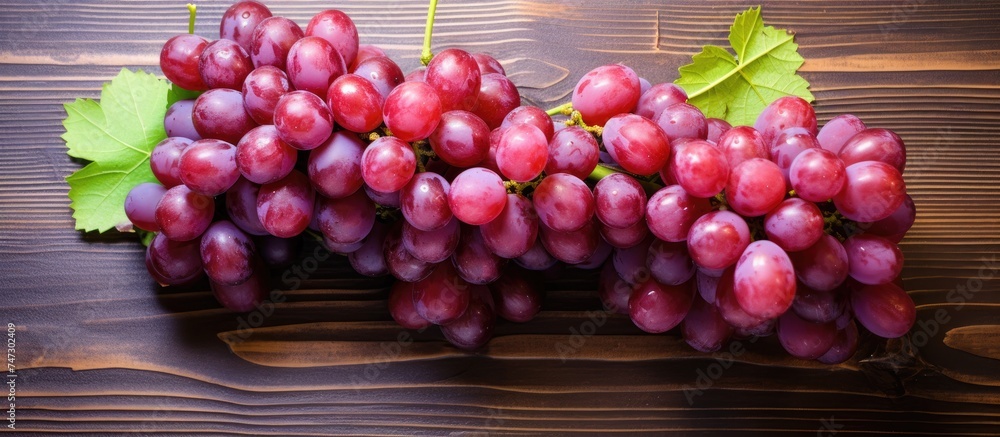 Poster a cluster of red grapes sits on a wooden table, creating a simple yet vibrant display. the grapes ap