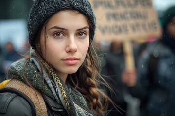 Young Woman Holding Protest Sign in the Rain