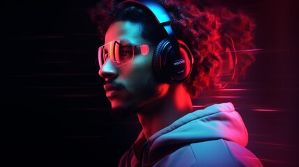 Fototapeta na wymiar Character a model man portrait with neon lights reflection wearing headphones 