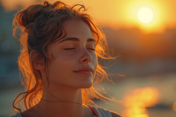 Woman Standing With Eyes Closed in Front of Sun