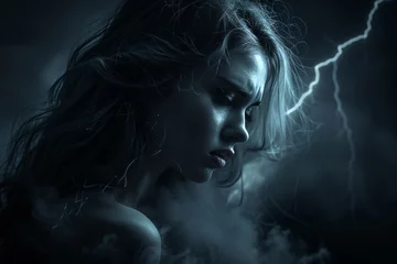 Foto auf Acrylglas Woman Standing in Dark With Lightning in Background © hakule