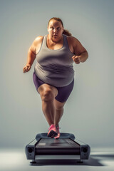 A fat woman training running on treadmill, studio shot isolated on light grey bakdrops