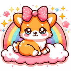 A cute funny kawaii fluffy cartoon orange corgi puppy with dot eyes and a pink bow on its head, sitting on a rainbow cloud with sparkles and stars in the background, bear, cartoon,animal, Ai generated