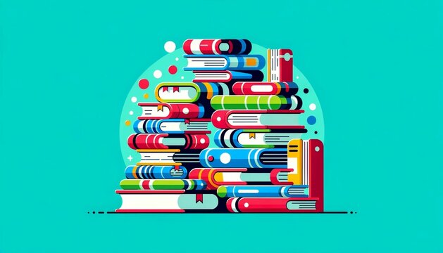 stack of books, isolated blue background, vector style image. With copy space for text. For International Children's Book day and World Book Day