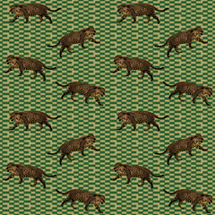 Jaguar pattern on a retro geometric background.