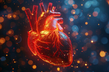 Glowing human heart, medical cardiology concept against bokeh background, depicting life and cardiovascular health.