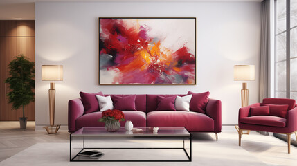 Chic Living Room Decor with a Burst of Red and Orange Abstract Painting Above a Velvet Sofa