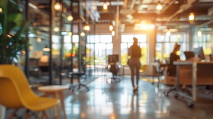 Dynamic business environment: abstract blurred modern office interior with busy professionals working - banner background with copy space