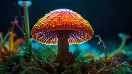 Magical View of  Mushrooms in forest with dew
