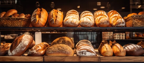 In a well-lit bakery, a display case is filled with a variety of bread loaves with golden crusts. The shelves showcase an array of freshly baked goods, inviting customers to choose their favorite loaf