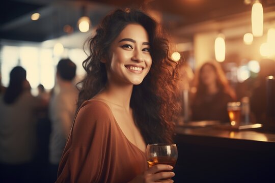 Portrait of a young adorable smiling Asian woman wearing a light dress and holding a glass of beer in a bar with people on a blurred background