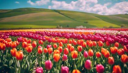 A field of tulips in spring, sunny day