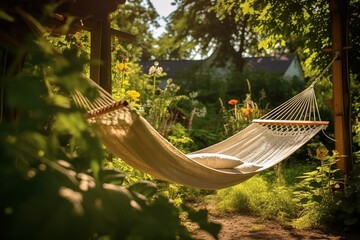 Textile hammock hung between green trees in a relaxation area in a courtyard under bright sunlight