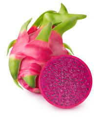 Isolated dragonfruit. Whole and sliced of red fleshed pitahaya fruits isolated on white background...