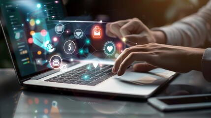 Entrepreneur using laptop: virtual affiliate marketing icons for new business. Innovative marketing strategies for product advertisement  
