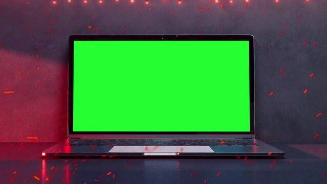 Animation of Realistic Laptop with blank green screen with spark inside Home interior background