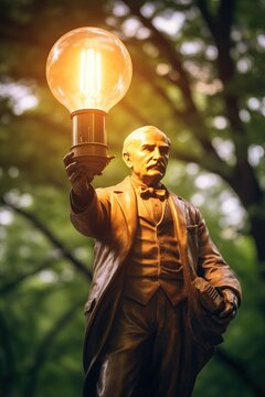 Statue of Thomas Edison with a light bulb in his hand