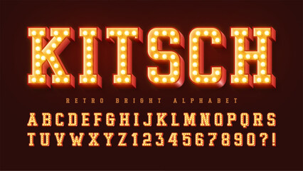 Retro cinema alphabet design, cabaret, warm lamps letters and numbers. © Aleksandr
