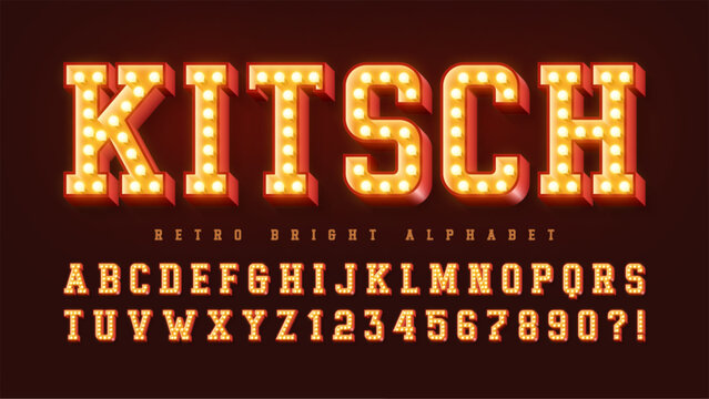 Retro cinema alphabet design, cabaret, warm lamps letters and numbers.